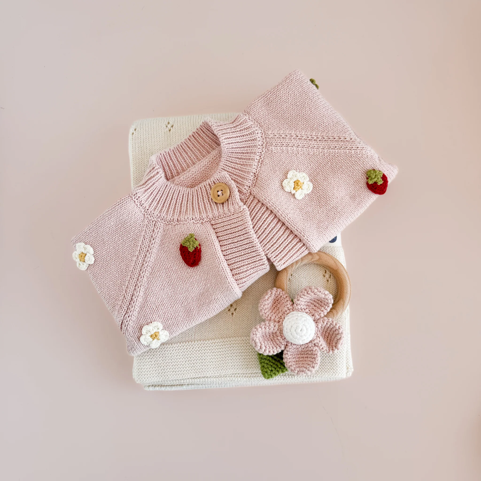 Cotton Crochet Rattle Teether Flower, Blush - Image 4