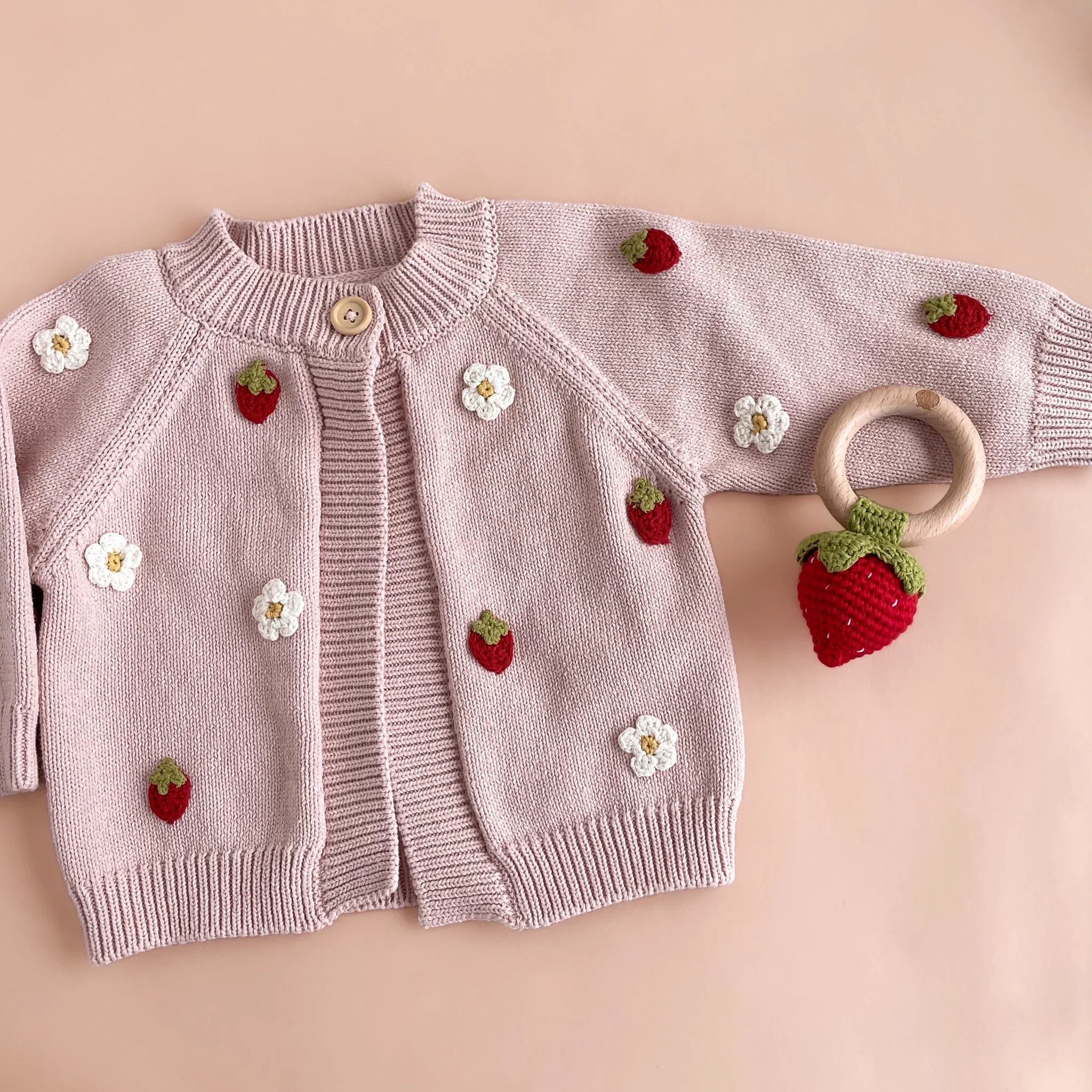 Cotton Strawberry Flower Cardigan, Blush - Image 6